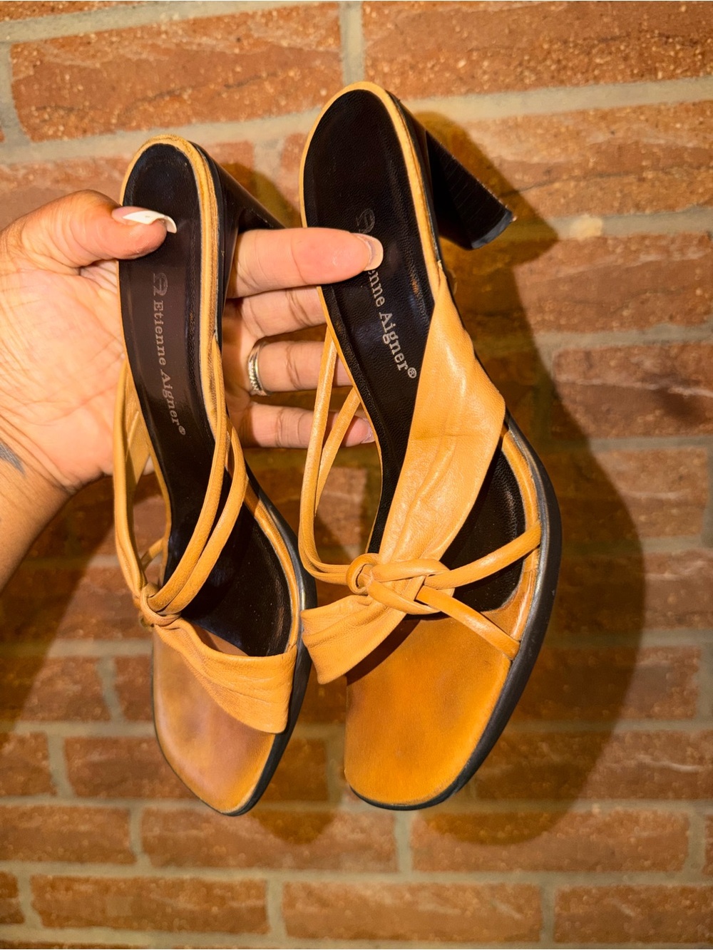 Etienne Aigner Cognac Knot Leather Heeled Sandals